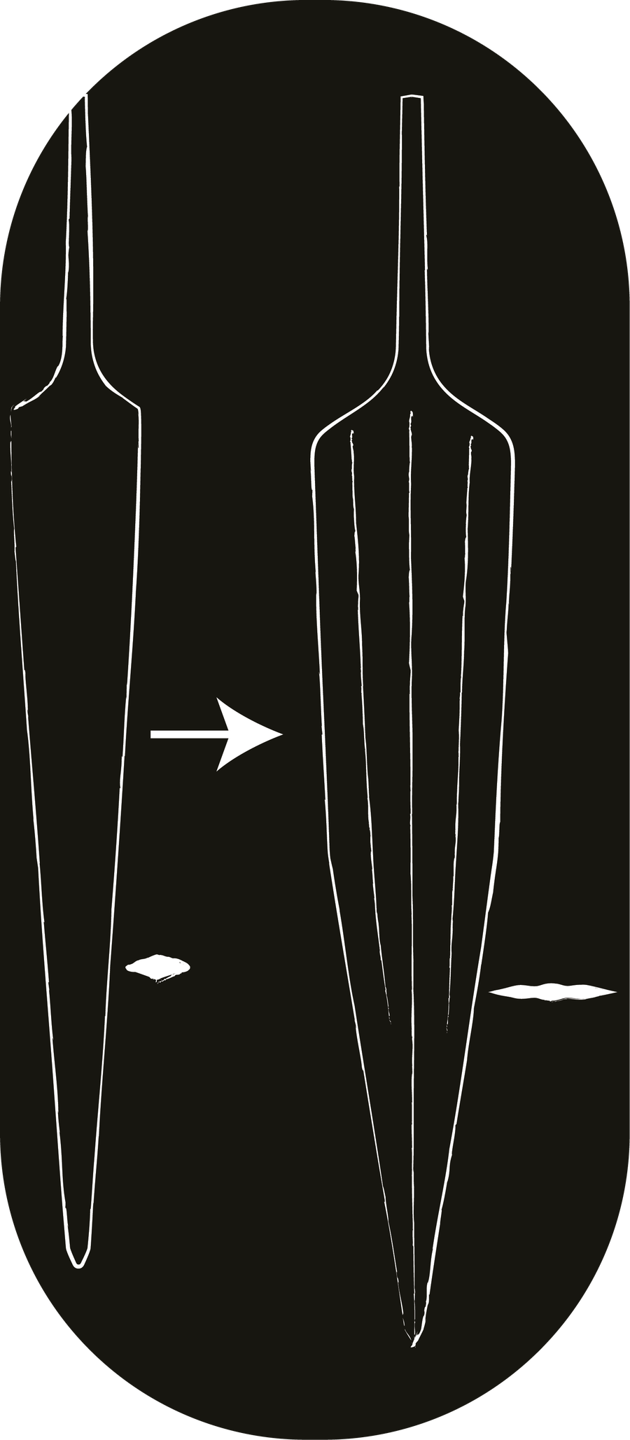 Schéma au trait : préforme triangulaire à gauche, lame dégorgée à droite, avec les sections transversales en dessous